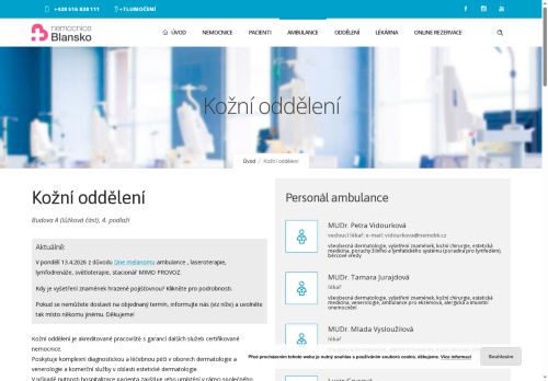 Zobrazit webové stránky Kožní ambulance Nemocnice Blansko - MUDr. Petra Vidourková, MUDr. Tamara Jurajdová, MUDr. Mlada Vysloužilová