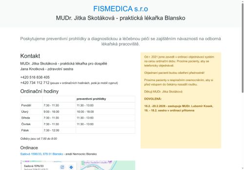 Zobrazit webové stránky Praktický lékař pro dospělé FISMEDICA s.r.o. - MUDr. Jitka Skotáková
