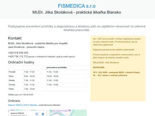 Praktický lékař pro dospělé FISMEDICA s.r.o. - MUDr. Jitka Skotáková