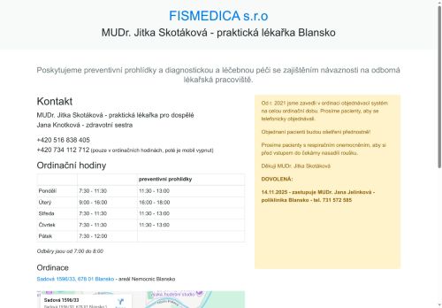 Zobrazit webové stránky Praktický lékař pro dospělé FISMEDICA s.r.o. - MUDr. Jitka Skotáková