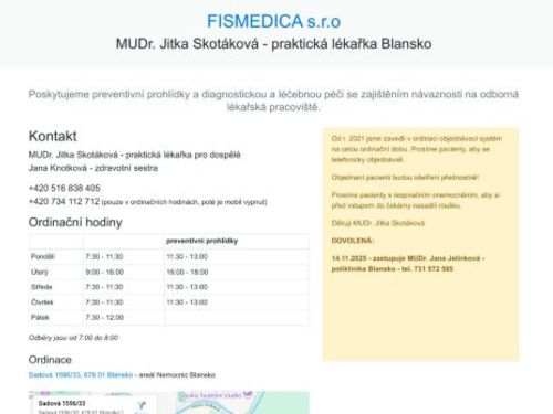 Praktický lékař pro dospělé FISMEDICA s.r.o. - MUDr. Jitka Skotáková