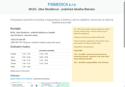 Zobrazit webové stránky Praktický lékař pro dospělé FISMEDICA s.r.o. - MUDr. Jitka Skotáková