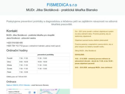 Praktický lékař pro dospělé FISMEDICA s.r.o. - MUDr. Jitka Skotáková
