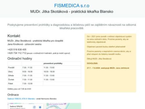 Praktický lékař pro dospělé FISMEDICA s.r.o. - MUDr. Jitka Skotáková