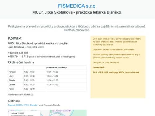Praktický lékař pro dospělé FISMEDICA s.r.o. - MUDr. Jitka Skotáková
