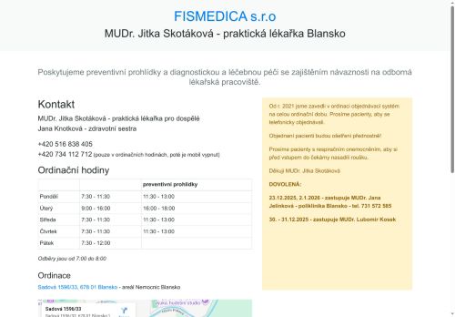 Zobrazit webové stránky Praktický lékař pro dospělé FISMEDICA s.r.o. - MUDr. Jitka Skotáková