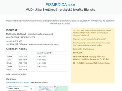 Praktický lékař pro dospělé FISMEDICA s.r.o. - MUDr. Jitka Skotáková