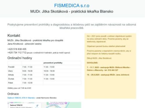 Praktický lékař pro dospělé FISMEDICA s.r.o. - MUDr. Jitka Skotáková