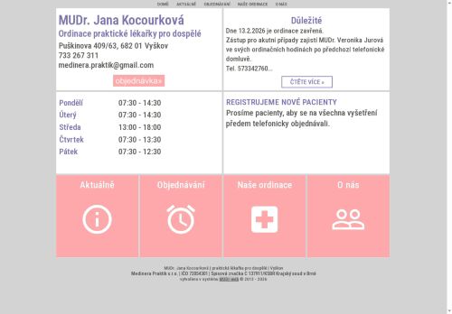 Zobrazit webové stránky Praktický lékař pro dospělé-MUDr. Jana Kocourková