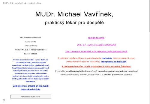 Zobrazit webové stránky Praktický lékař pro dospělé - MUDr. Michael Vavřínek