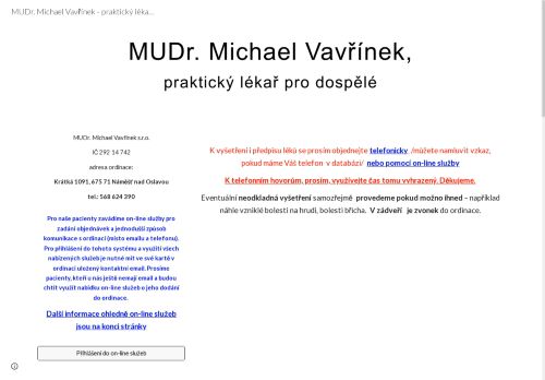 Zobrazit webové stránky Praktický lékař pro dospělé - MUDr. Michael Vavřínek