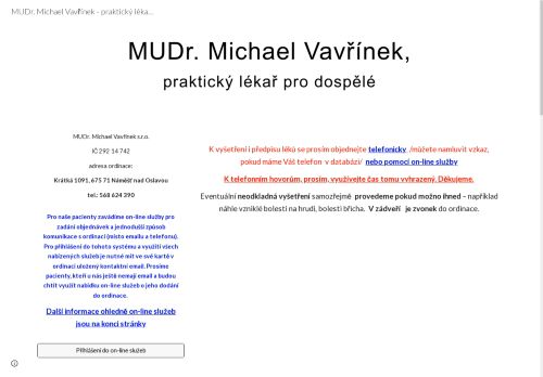 Zobrazit webové stránky Praktický lékař pro dospělé - MUDr. Michael Vavřínek