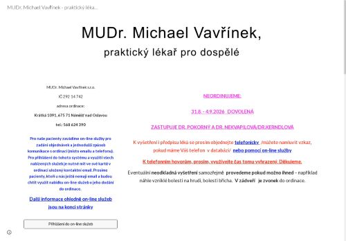 Zobrazit webové stránky Praktický lékař pro dospělé - MUDr. Michael Vavřínek