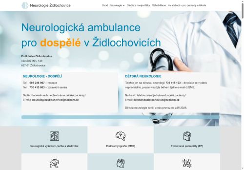 Zobrazit webové stránky Neurologická ambulance Neurologie Židlochovice - MUDr. Tomáš Kubelka, MUDr. Eduard Minks, Ph.D., MUDr. Mária Justanová, MUDr. Ivica Čechová, Ph.D., MUDr. Hana Karpatová, MUDr. Hana Streitová, doc. MUDr. Martin Pail, Ph.D.