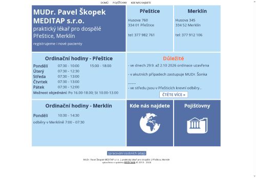 Zobrazit webové stránky Praktický lékař pro dospělé MEDITAP s.r.o. - MUDr. Pavel Škopek
