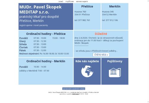 Zobrazit webové stránky Praktický lékař pro dospělé MEDITAP s.r.o. - MUDr. Pavel Škopek