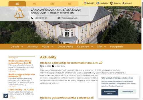 Základní škola  a Mateřská škola  Králův Dvůr - Počaply,Tyršova 136,okres Beroun nabízí práci na pozici Asistenti pedagogů v obci Králův Dvůr