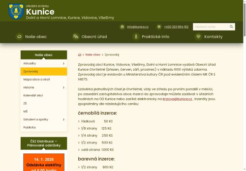 Zobrazit webové stránky Zpravodaj obcí Kunice, Vidovice, Všešímy, Dolní a Horní Lomnice