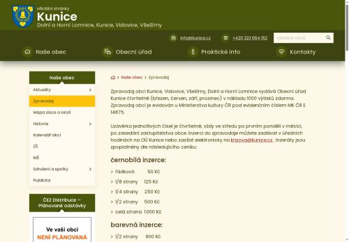 Zobrazit webové stránky Zpravodaj obcí Kunice, Vidovice, Všešímy, Dolní a Horní Lomnice