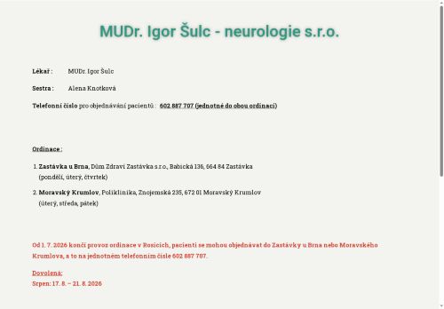 Zobrazit webové stránky Neurologická ambulance - MUDr. Igor Šulc