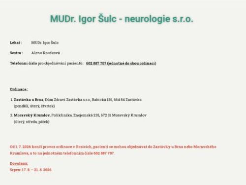 Neurologická ambulance - MUDr. Igor Šulc