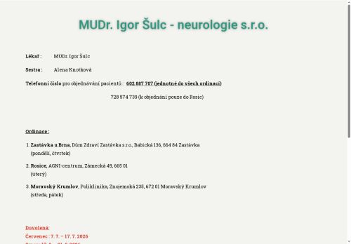 Zobrazit webové stránky Neurologická ambulance - MUDr. Igor Šulc