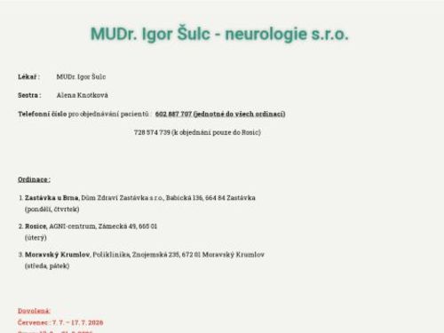 Neurologická ambulance - MUDr. Igor Šulc