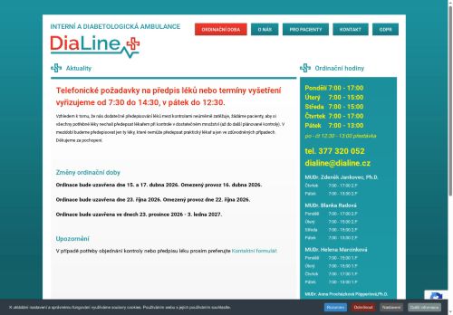 Zobrazit webové stránky Interní a diabetologická ambulance DiaLine - MUDr. Zdeněk Jankovec, Ph.D., MUDr. Blanka Radová, MUDr. Helena Marcinková, MUDr. Anna Procházková Pöpperlová, Ph.D., MUDr. Nataša Voženílková, MUDr. Irena Zahradníková