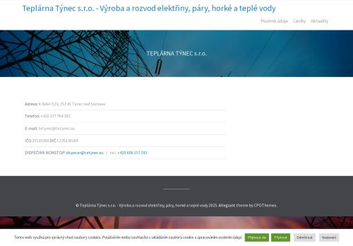 Webové stránky Teplárna Týnec s.r.o., Týnec nad Sázavou