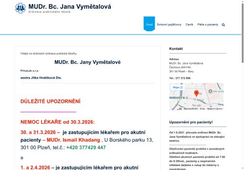 Zobrazit webové stránky Praktický lékař pro dospělé - MUDr. Bc. Jana Vymětalová