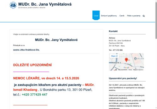Zobrazit webové stránky Praktický lékař pro dospělé - MUDr. Bc. Jana Vymětalová