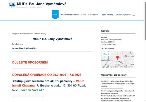 Zobrazit webové stránky Praktický lékař pro dospělé - MUDr. Bc. Jana Vymětalová