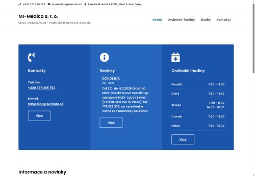 Zobrazit webové stránky Praktický lékař pro dospělé MI-Medica s.r.o. - MUDr. Iva Mlezivová
