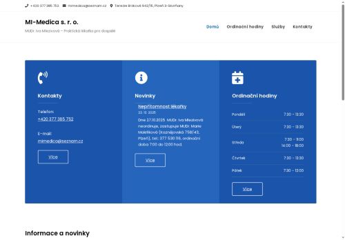 Zobrazit webové stránky Praktický lékař pro dospělé MI-Medica s.r.o. - MUDr. Iva Mlezivová