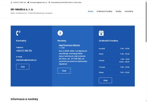 Zobrazit webové stránky Praktický lékař pro dospělé MI-Medica s.r.o. - MUDr. Iva Mlezivová