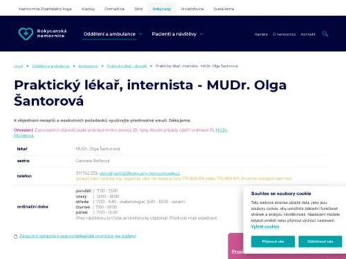 Interní a praktický lékař pro dospělé - Rokycanská nemocnice - MUDr. Olga Šantorová