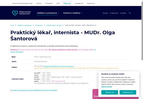 Zobrazit webové stránky Interní a praktický lékař pro dospělé - Rokycanská nemocnice - MUDr. Olga Šantorová