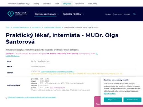 Interní a praktický lékař pro dospělé - Rokycanská nemocnice - MUDr. Olga Šantorová