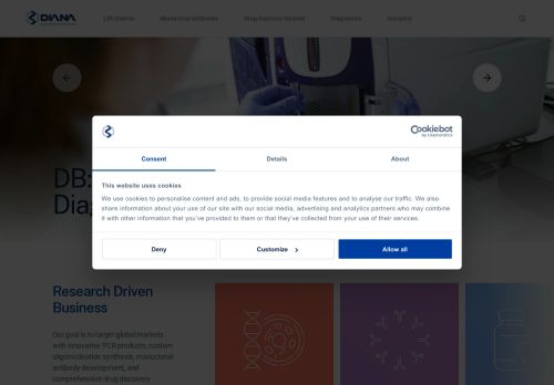 Webové stránky DIANA Biotechnologies, s.r.o., Vestec