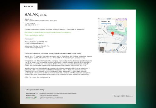 Webové stránky BALAK, a.s., Kralupy nad Vltavou