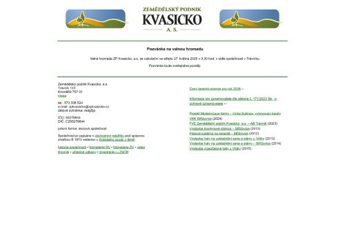 Webové stránky Zemědělský podnik Kvasicko, a.s., Sulimov