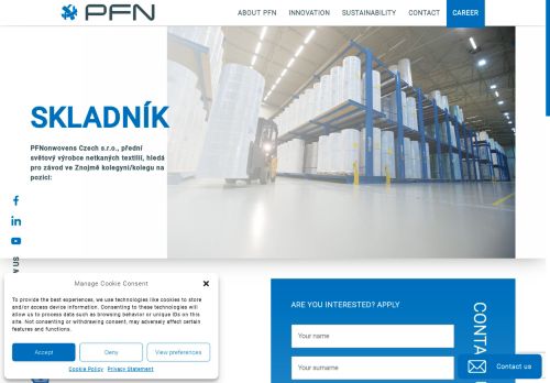 Webové stránky PFNonwovens Czech s.r.o., Znojmo