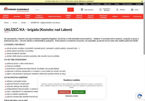 PRVNÍ CHODSKÁ s.r.o. nabízí práci na pozici UKLÍZEČ/KA - brigáda (Kostelec nad Labem) v obci Kostelec nad Labem