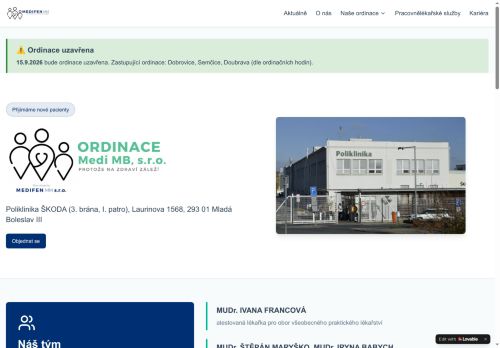 Zobrazit webové stránky Praktický lékař pro dospělé Medi MB, s.r.o. - MUDr. Štěpán Maryško, MUDr. Ivana Francová