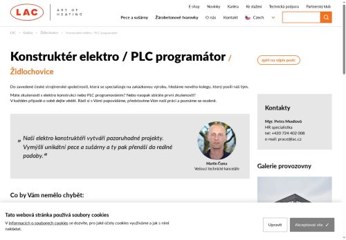 LAC, s.r.o. nabízí práci na pozici Konstruktér elektro / PLC programátor v obci Židlochovice