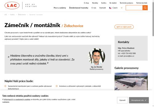 LAC, s.r.o. nabízí práci na pozici Zámečník / montážník v obci Židlochovice