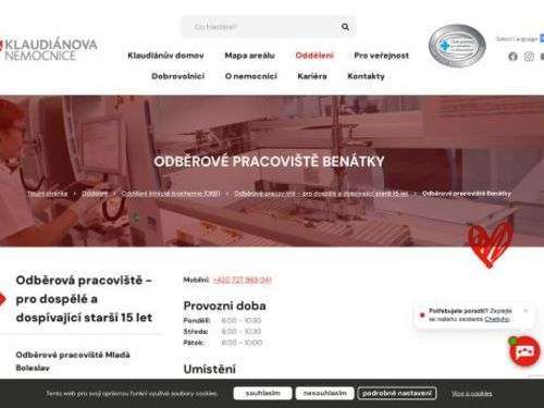 Odběry krve Klaudiánova nemocnice - odběrové místo Benátky nad Jizerou (poliklinika)