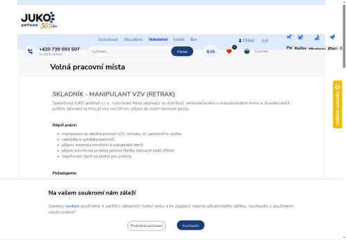 JUKO petfood nabízí práci na pozici Skladník - Manipulant v obci Sokolnice