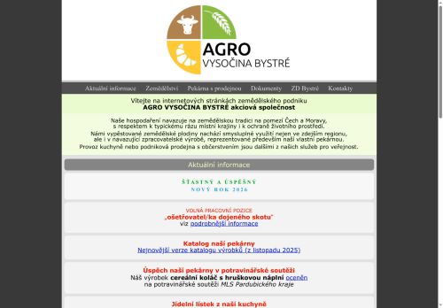 Webové stránky AGRO VYSOČINA BYSTRÉ akciová společnost, Bystré