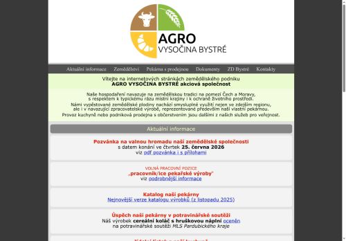 Webové stránky AGRO VYSOČINA BYSTRÉ akciová společnost, Bystré
